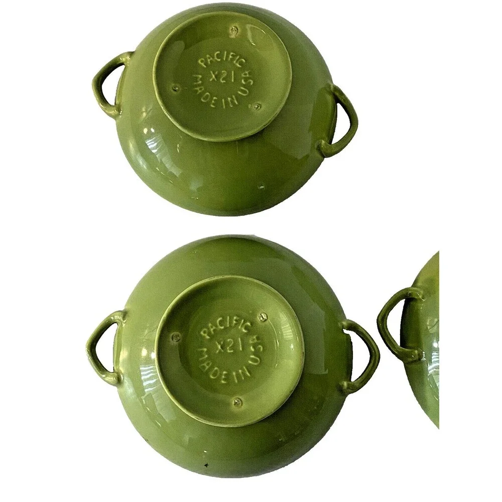 Pacific Pottery Avocado Green Bowl Footed Handles USA ~5.5